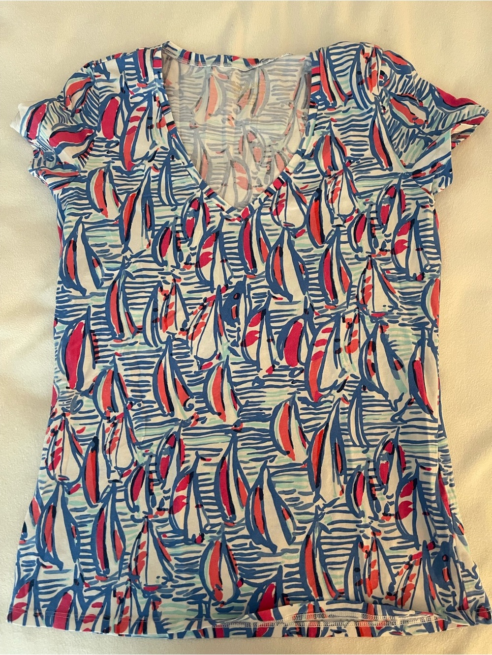 Lilly Pulitzer White, Blue & Pink Sailboat Print V-Neck Top